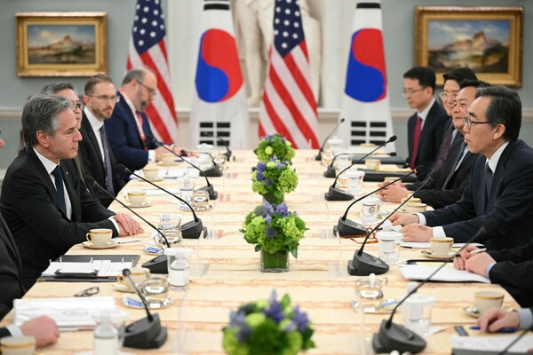 US Secretary of State Antony Blinken (L) meets with South Korean Foreign Minister Cho Tae-yul (R) in the Thomas Jefferson Room of the US State Department in Washington, DC, on February 28, 2024. (Photo by Mandel NGAN / AFP )