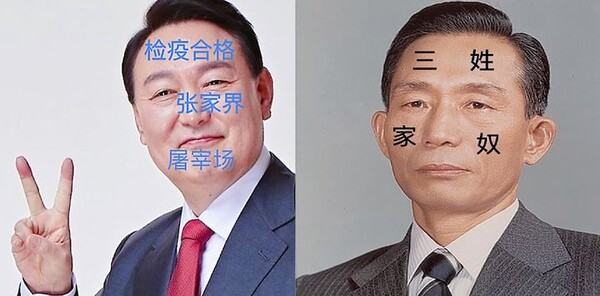 중국의 한 네티즌이 영화 ‘파묘’의 한자 문신을 조롱한 데 이어, 윤석열 대통령과 박정희 전 대통령의 얼굴에 한자를 합성한 사진을 올렸다. (출처: 엑스)