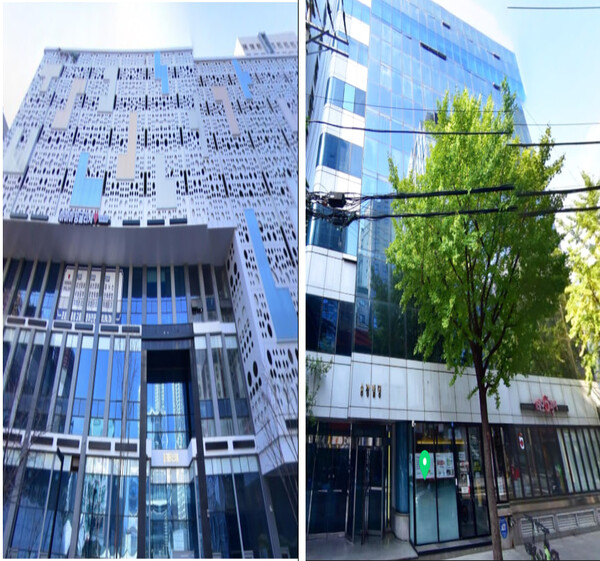 폰지사기 의혹을 받는 GBC인터네셔널이 국내·글로벌사업부로 사용하는 사무실인 서울 강남 승광빌딩(오른쪽), 인천 서구 청라테트리스타워. (캡처: 네이버 지도) ⓒ천지일보 2024.03.20.