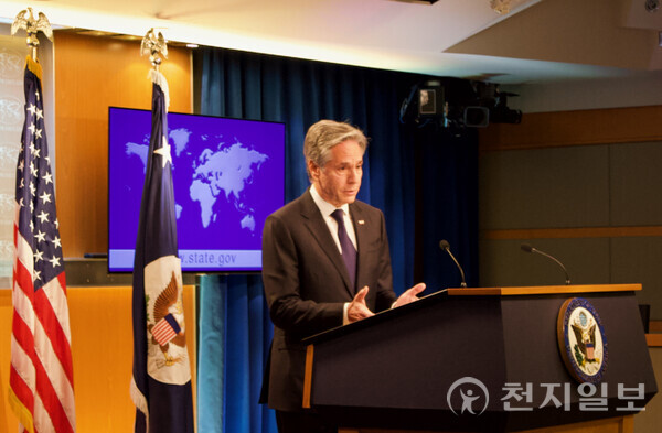 ⓒ천지일보 2024.04.29 US Secretary of State Anthony Blinken addresses reporters at a press briefing in Washington DC.