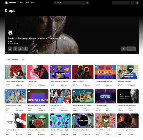 오픈씨 NFT 플랫폼 홈페이지 드롭스(Drops) 메인 화면 ⓒ천지일보 2024.05.13.