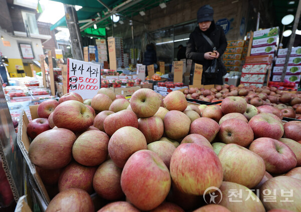 [천지일보=남승우 기자] 과일·채소류 가격 상승으로 설 차례상 비용이 역대 최고 수준인 것으로 나타난 가운데 26일 서울 마포구 망원시장에서 사과·감 등 과일이 판매되고 있다. ⓒ천지일보 2024.01.26.