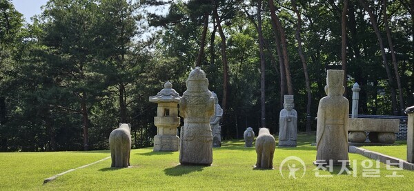 인릉 능침이다. 인릉을 조성하며 주변에 묻혀있던 원래 세종의 옛 영릉의 석물과 중종의 계비 장경왕후의 옛 희릉 석물을 다시 꺼내 다듬어 사용했다. 다시 사용한 석물은 문석인, 무석인, 석마, 장명등, 석상(혼유석), 망주석, 석양과 석호이며, 일부 석양과 망주석, 석마는 새로 제작했다. (제공: 이의준 왕릉답사가) ⓒ천지일보 2024.06.18.