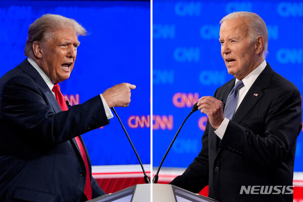 미국 공화당 대선 후보 도널드 트럼프 전 대통령이 27일(현지시각) 조지아주 애틀랜타에 있는 CNN 스튜디오에서 조 바이든 미국 대통령과 일 대 일 TV 토론을 하고 있다. (애틀랜타=AP/뉴시스)