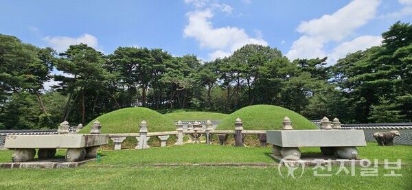 쌍릉 봉분은 1863년 철종이 승하하니 이듬해 주변의 옛 정릉(중종) 자리에 조성했다. 1878(고종 15)년 철인황후가 동쪽에 자리했다. 난간석 만 둘렀다.(제공: 이의준 왕릉답사가) ⓒ천지일보 2024.07.29.