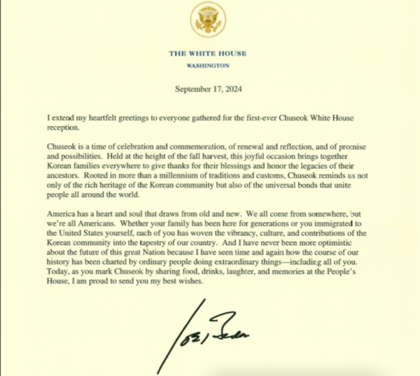 A letter from President Biden's desk to honor Korean-Americans celebrating Chuseok 2024, provided by the White House.