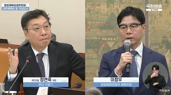 22일 국정감사에 나선 정연욱 의원(국민의힘·부산 수영구)이 이정우 문화체육관광부 체육국장과의 질의에서 전반적인 전수조사를 촉구하고 있다. (출처: 국회 유튜브 생중계 캡처)