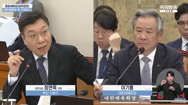 22일 국정감사에 나선 정연욱 의원(국민의힘·부산 수영구)이 이기흥 대한체육회장과의 질의에서 대한민국 족구협회 임원들이 후원사로부터 기부금을 대납받은 사실을 폭로하고 있다. (출처: 국회 유튜브 생중계 캡처)