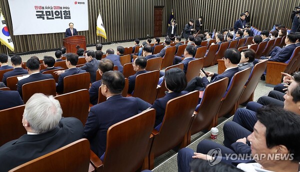 국민의힘 추경호 원내대표가 28일 오후 국회에서 열린 의원총회에서 발언하고 있다. 2024.11.28 (출처: 연합뉴스)