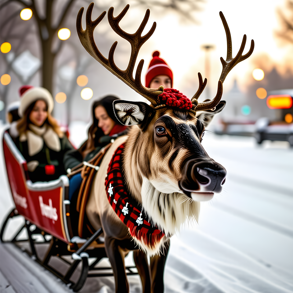 크리스마스 시즌 루돌프 설매를 탄 30대 여성 산타 이미지. (출처: 뤼튼)