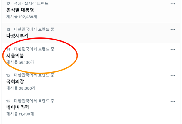 비상계엄이 해제된 4일 엑스(X, 옛 트위터)의 실시간 트렌드에 등장한 ‘서울의 봄’. (출처 : X 캡처)