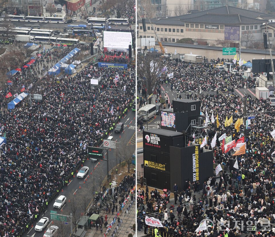 [천지일보=남승우 기자] 21일 서울 종로구 광화문광장 일대에서 윤석열 탄핵 찬반 집회가 열리고 있다. 왼쪽은 대한민국바로세우기국민운동본부 주최로 열린 국민혁명대회, 오른쪽은 윤석열즉각퇴진·사회대개혁 비상행동 주최로 열린 집회 모습. ⓒ천지일보 2024.12.21.