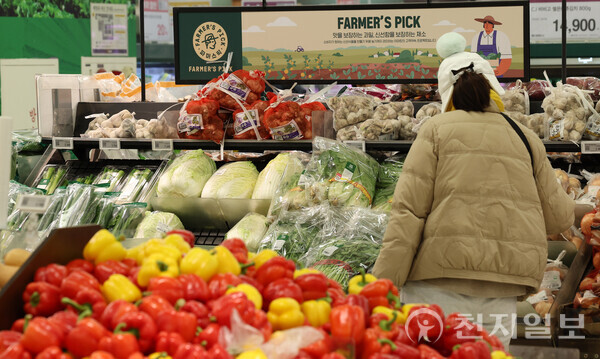 [천지일보=남승우 기자] 11월 소비자물가가 전년 동월 대비 3.3%로 집계되면서 4개월 연속 3%대 오름세를 이어갔다. 특히 농산물 물가가 2년 6개월 만에 최고 상승률을 보이면서 장바구니 부담은 여전할 것으로 보인다.통계청에 따르면 농축수산물 물가가 전년 동월 대비 6.6% 올랐다. 농산물은 같은 기간 13.6% 올라 2021년 5월(14.9%) 이후 30개월 만에 최대 상승 폭을 기록했다. 세부 품목 중에선 사과(55.5%), 토마토(31.6%), 파(39.3%) 등의 오름세가 두드러졌다.사진은 이날 오후 서울 시내의 한 대형마트 모습. ⓒ천지일보 2023.12.05.
