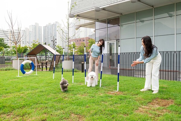모델들과 강아지들이 스타필드 하남 ‘펫파크’에서 미니 어질리티를 체험하고 있다. (제공: 신세계프라퍼티)