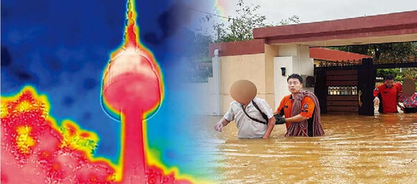 한반도 기후 변화가 심각해 지면서 폭염과 홍수 등 자연재해가 증가했다. 폭염이 연일 이어지고 있는 8월 11일 서울 중구 N서울타워가 붉게 보이고 있다(왼쪽). 폭우가 쏟아진 9월 21일 오후 전남 해남군 문내면 일대가 물에 잠겨 고립된 주민 2명을 소방 당국이 구조하고 있다.