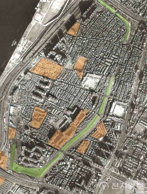 풍납토성 항공사진. 도면의 초록색 부분이 현재 남아 있는 성벽 부분이다. ⓒ천지일보 2025.02.21.