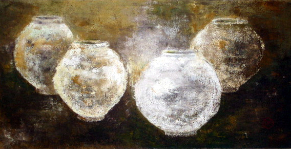 가마속에서 막 탄생한 달항아리를 표현한 작품이다. 황규완 작가의 달항아리 그림 제작 과정은 다소 특이하다. 만들어진 달항아리를 보고 그림을 그리지 않고 물레로 형태를 빚고 초벌구이와 칠, 재벌구이를 하는 제작 과정을 다 거친 후 그림을 완성한다. ⓒ천지일보 2025.03.07.