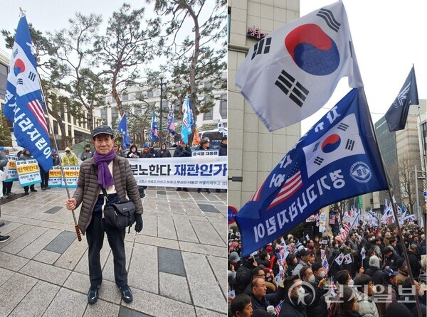 주광일 전 국민고충처리위원회 위원장(전 세계옴부즈만협회 부회장) 등이 참여한 ‘경기고 나라지킴이’가 지난 15일 서울 중구 세종대로에서 집회를 열고 윤석열 대통령의 탄핵 반대 운동을 벌이고 있다. 주광일 박사가 경기고 나라지킴이 깃발을 들고 있다(왼쪽). (제공: 주광일 박사) ⓒ천지일보 2025.3.17