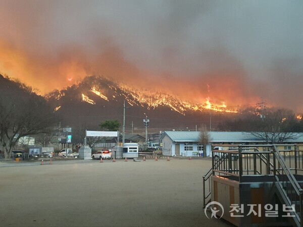 [천지일보 봉화=장덕수 기자] 경북 의성군 산불 발생 나흘째인 25일 봉화로 번진 산불이 경북 봉화군 물야면 인근 야산을 태우고 있다. (독자제공) ⓒ천지일보 2025.03.25.