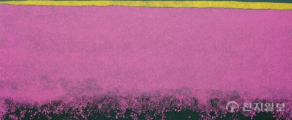 ‘내 마음의 노래’를 주제로 수년째 작품을 선보이고 있는 차정숙 각가가 ‘점화’로 표현한 숲과 나무 그림. (사진=차정숙 작가 제공) ⓒ천지일보 2025.04.17.