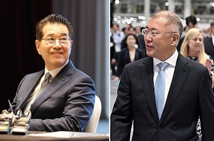장인화 포스코그룹 회장(왼쪽)과 정의선 현대차그룹 회장. (출처: 연합뉴스)