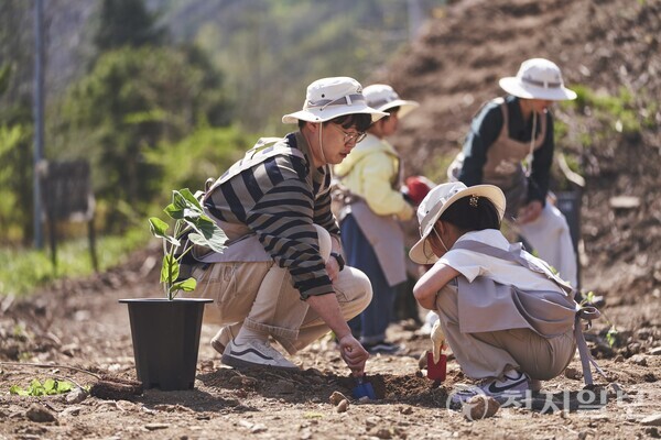태양의 숲 조성을 위해 식재 중인 관계자와 아이들의 모습. (제공: 한화그룹) ⓒ천지일보 2025.04.22.