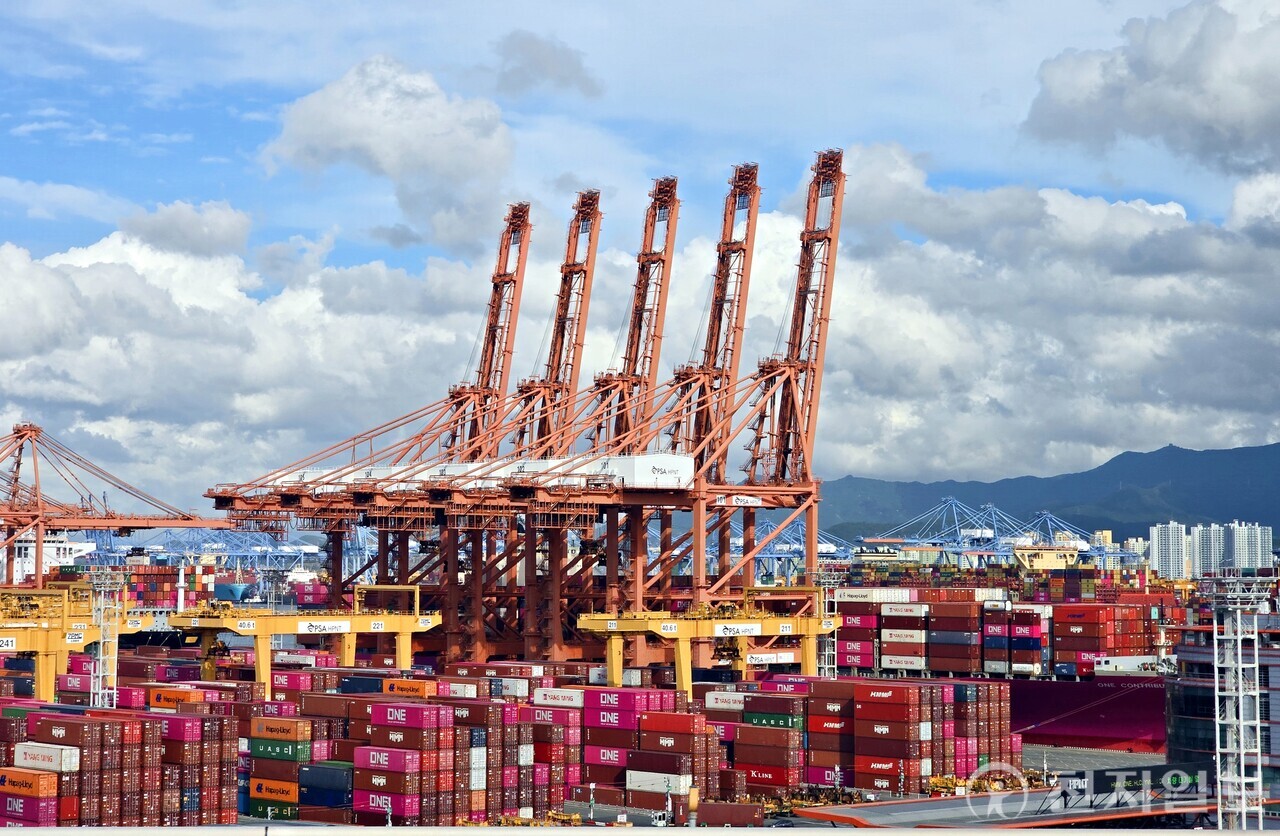 [천지일보 부산=정다준 기자] 부산신항만 컨테이너부두에 컨테이너가 쌓여있는 모습. ⓒ천지일보 2024.08.29.