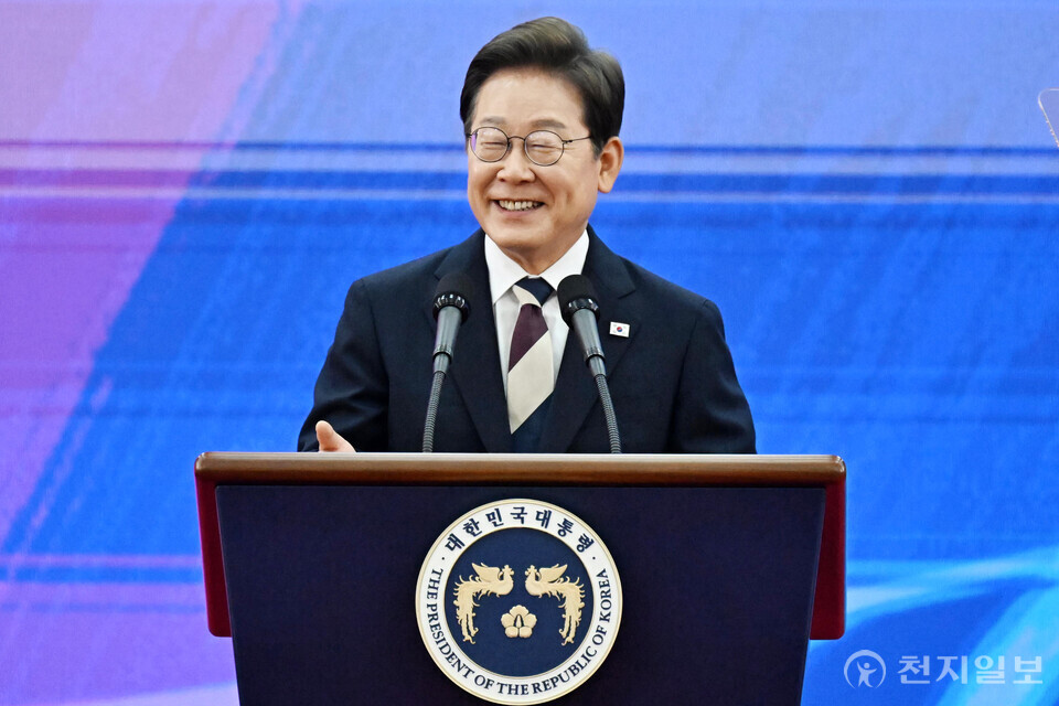 [천지일보=박준성 기자] 이재명 대통령이 4일 서울 여의도 국회 로텐더홀에서 열린 제21대 대통령 취임식에서 취임사를 하고 있다.ⓒ천지일보 2025.06.04.