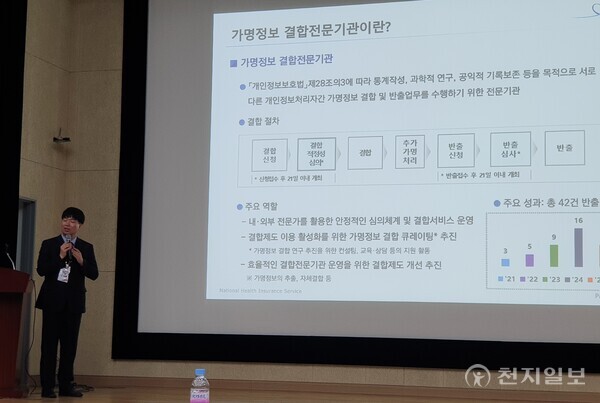 [천지일보=황해연 기자] 박상용 건보공단 빅데이터사업실 팀장이 지난 11일 국민건강보험공단(건보공단)이 운영 중인 사업 및 가명정보 결합 사례를 소개하고 있다. ⓒ천지일보 2025.07.12.