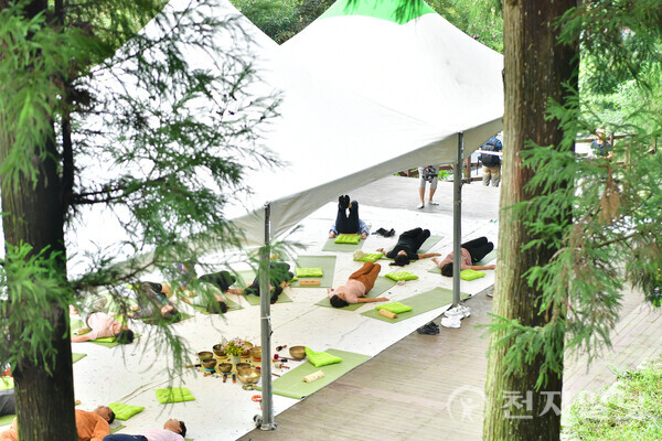 전남 장성군이 오는 8월 2~3일 축령산 편백숲에서 ‘산소축제’를 연다. 황폐했던 산을 숲으로 바꾼 역사와 자연이 주는 치유를 테마로 한 참여형 웰니스 축제로 ‘2025 장성방문의 해’를 대표하는 행사로 자리매김하고 있다. 사진은 2023년 산소축제에 참여한 관광객들이 피톤치드 호흡 프로그램에 참여하고 있는 관람객들. (제공: 장성군청) ⓒ천지일보 2025.07.24.