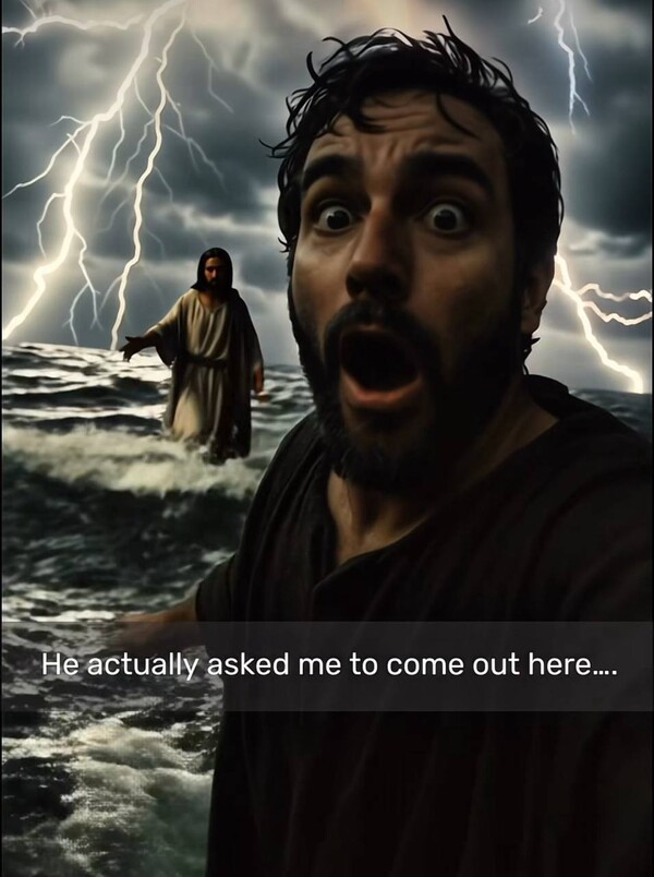 물 위를 걷는 예수의 모습을 생중계하는 베드로의 모습. (출처: @theaibibleofficial 릴스 영상 캡처)