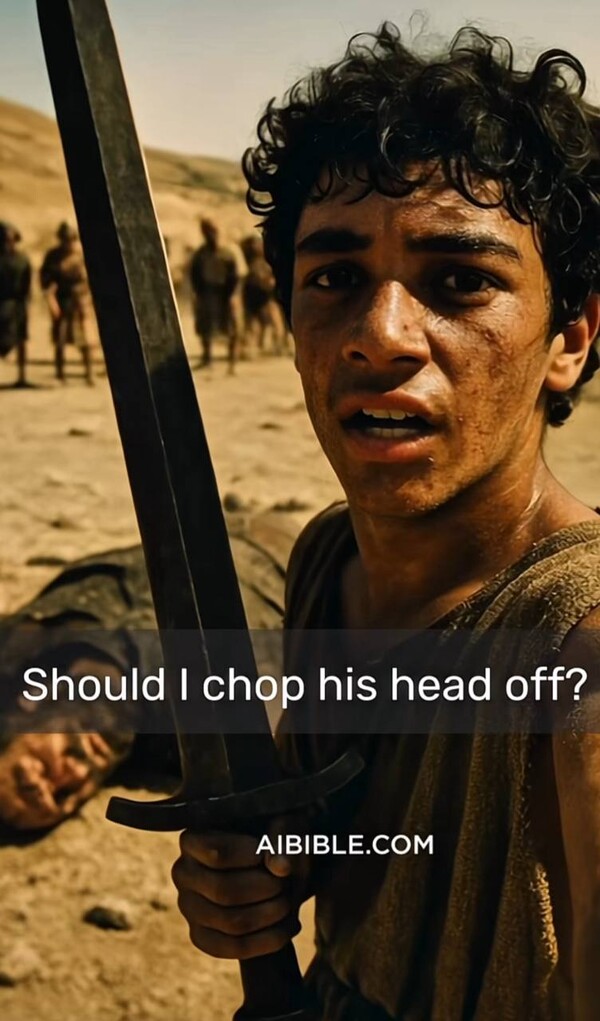 골리앗을 쓰러트린 다윗의 모습. (출처: @theaibibleofficial 릴스 영상 캡처)