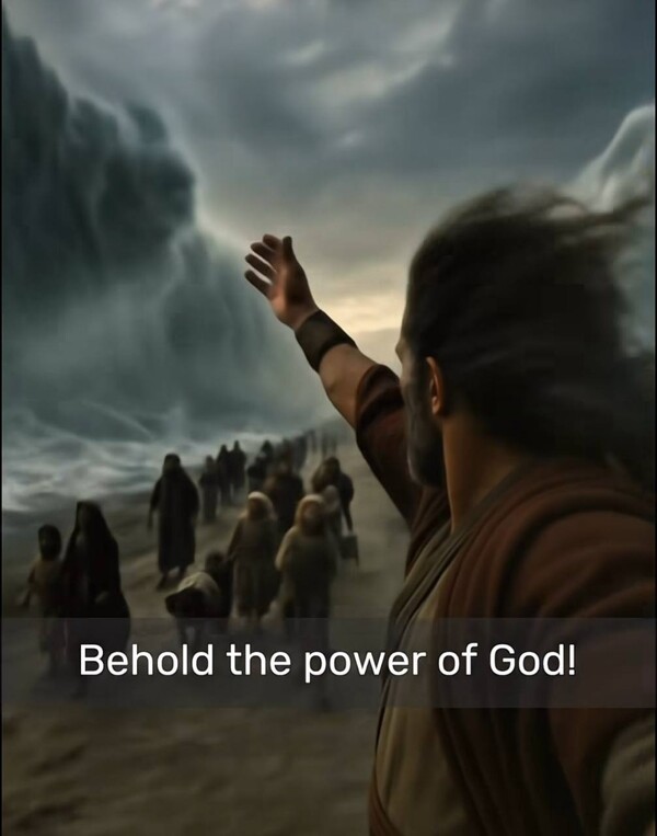 홍해의 기적을 보여주는 모세. 홍해의 기적은 모세가 홍해를 갈라 이스라엘 백성이 이집트(성경 속 애굽) 군대를 피해 무사히 도망칠 수 있었던 사건으로 성경 출애굽기 14장에 등장한다. 아브라함과의 언약을 지키기 위한 하나님의 개입하신 대표적 사건으로 해석된다. (출처: @theaibibleofficial 릴스 영상 캡처)