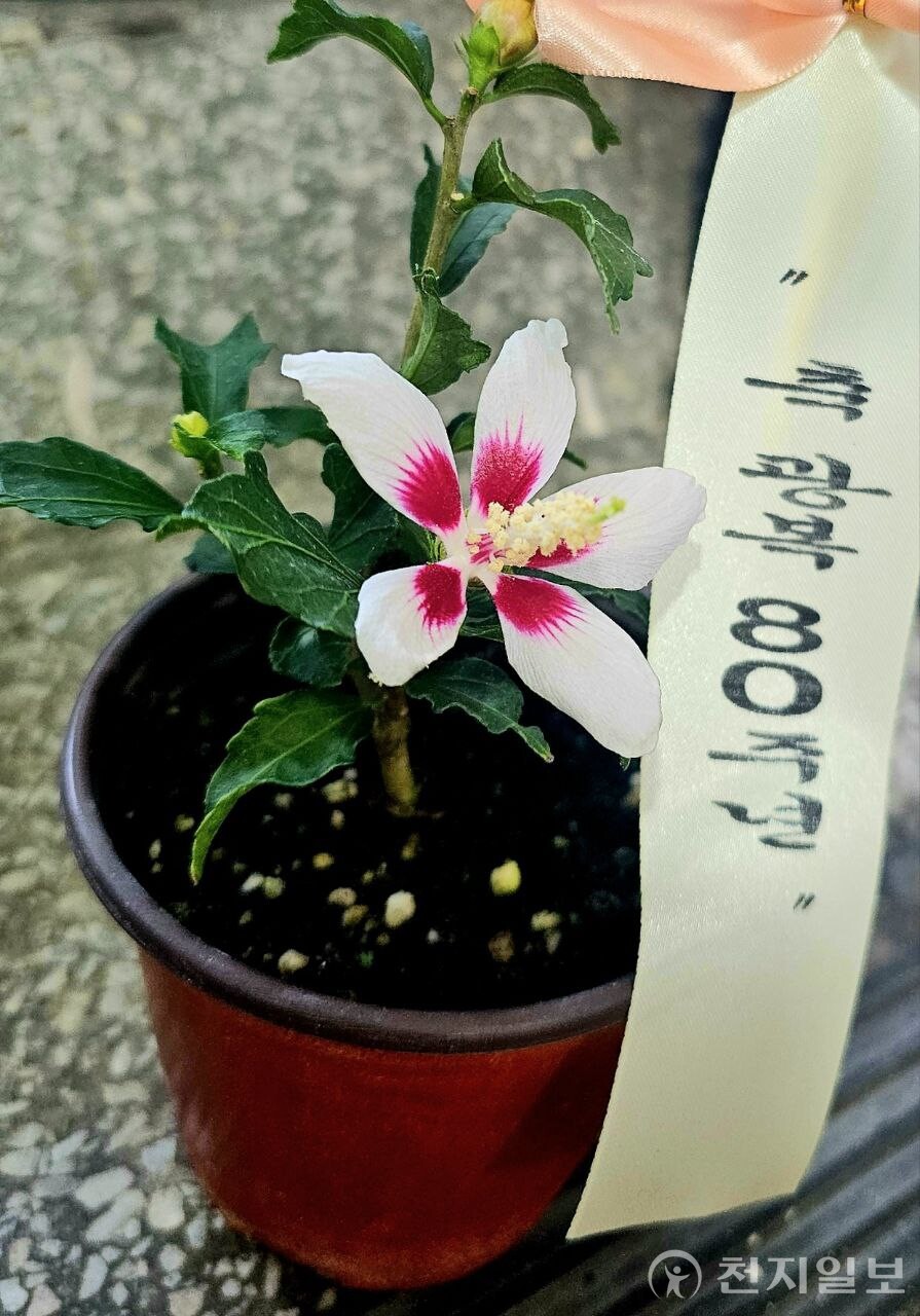 [천지일보=양효선 기자] “광복 80주년, 안동무궁화가 국회에 피었습니다” 광복 80주년을 맞은 14일 국회 소통관 앞에 설치된 홍보 부스에서 안동무궁화 화분이 전시돼 있다. 이날 시민과 방문객들에게는 실내용으로 적합한 소형 안동무궁화가 기념품으로 증정됐다. 이날 기증받은 안동무궁화꽃은 15일 오전 꽃을 피웠다. ⓒ천지일보 2025.08.17.