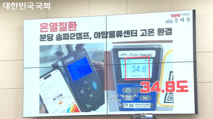 정혜경 진보당 의원이 20일 국회 환경노동위원회 전체회의에서 공개한 현장 자료. 지난달 24일 오전 9시 분당 송파2캠프 야탑물류센터 내 온도가 34.8도까지 치솟은 모습으로 고온 환경 속에서 근무하는 노동자들의 온열질환 위험을 지적했다. (출처: 인터넷의사중계시스템 화면 캡처)