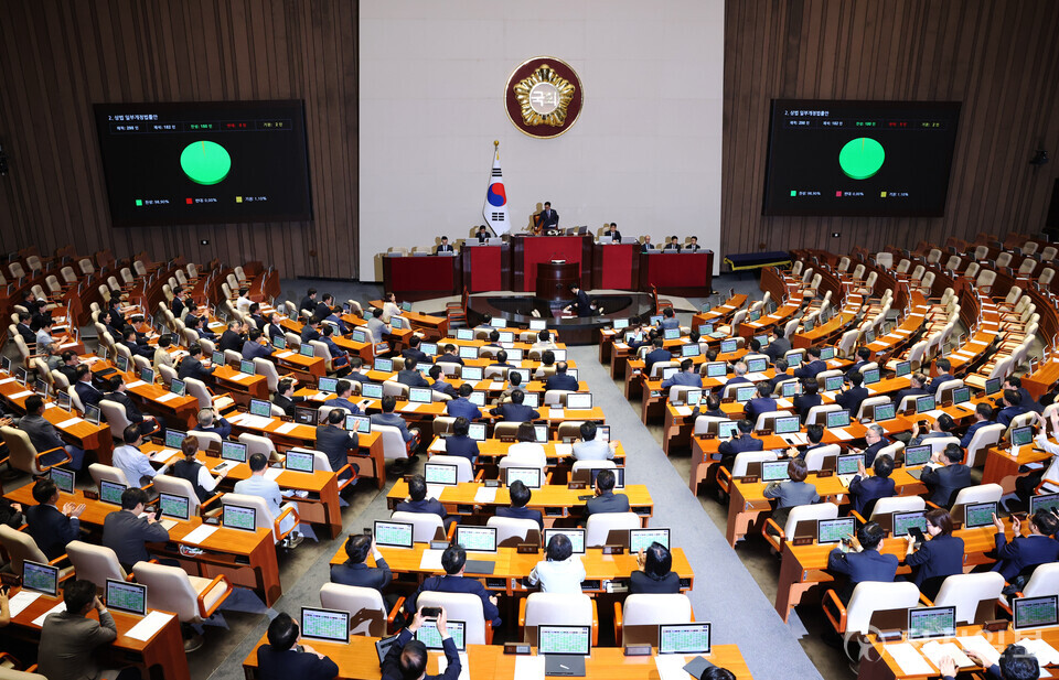 [천지일보=박준성 기자] 25일 서울 여의도 국회에서 열린 제428회 국회(임시회) 본회의에서 상법 일부개정법률안이 재석 182인, 찬성 180인, 반대 0인, 기권 2인으로 가결되고 있다.ⓒ천지일보 2025.08.25.
