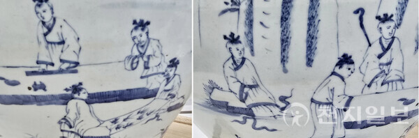 죽림칠현 부분도. 이 고문은 “이 도자기에 그려진 인물도는 죽림칠현도(竹林七賢圖)로 보이며 등장인원은 9명이나 죽화(竹畵)를 완상하고 있는 선비는 7명으로 이들과 동떨어진 한 사람은 시자(侍者)를 거느리고 만발한 매화를 완상하고 있다”고 설명했다. (제공: 이재준 한국역사유적연구원 고문) ⓒ천지일보 2025.08.25.
