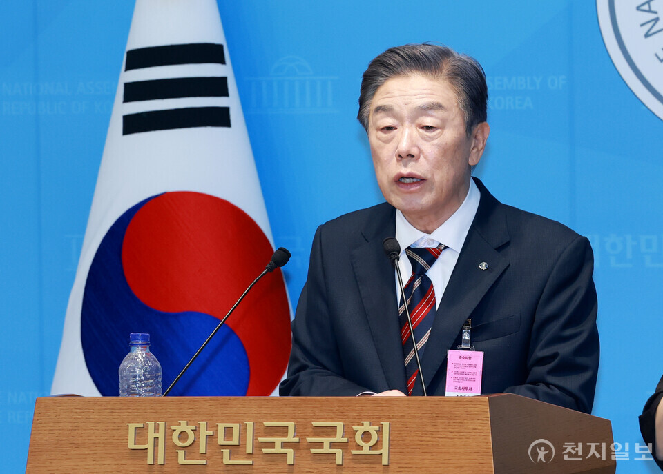 [천지일보=박준성 기자] 김형석 독립기념관장이 8일 서울 여의도 국회 소통관에서 기자회견을 열고 대국민 호소문을 발표하고 있다. ⓒ천지일보 2025.09.08.