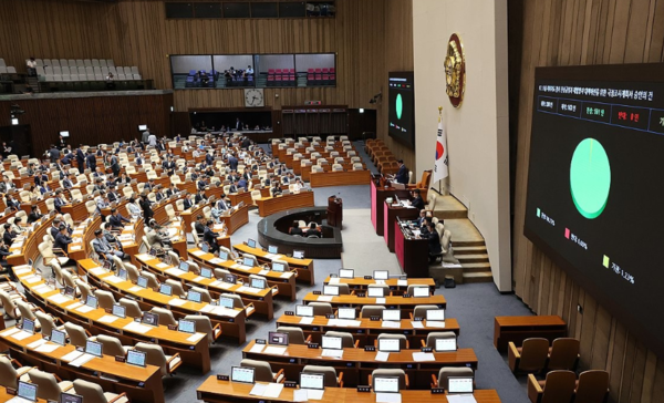 오송 궁평2지하차도 참사와 관련해 국회가 지난 8월 27일 국정조사에 착수했지만 한 달여가 지난 지금까지 진상규명은 뒷전이고 정치적 공방만 부각되고 있다는 비판이 높아지고 있다. 사진은 지난 8월 27일 서울 여의도 국회 본회의에서 오송 지하차도 참사 진상규명과 재발방지 대책마련을 위한 국정조사계획서 승인의 건이 가결되고 있는 모습. (출처: 연합뉴스)