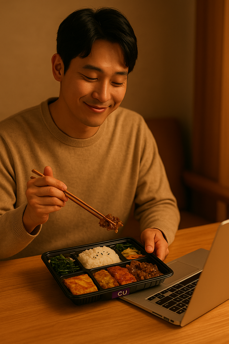 추석 연휴 서울의 한 1인가구 거주자가 노트북 앞에서 편의점 도시락을 즐기며 휴식을 취하고 있다. ‘혼추족(혼자 추석을 보내는 사람)’이 늘면서 명절 소비 트렌드가 가족 중심에서 개인의 휴식과 자기돌봄으로 이동하고 있다. (출처: 챗GPT)