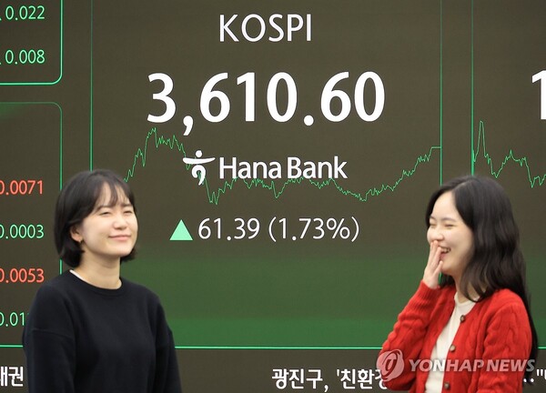 10일 서울 중구 하나은행 본점에서 직원들이 주가 및 환율 전광판 앞에서 활짝 웃고 있다. 이날 코스피는 1.7% 넘게 올라 사상 처음으로 3600선을 돌파했다. 전장보다 61.39포인트(1.73%) 오른 3610.60에 장을 마쳤다. (출처: 연합뉴스)