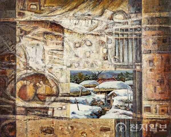 주일남 작가는 머릿속 생각을 시각적인 언어인 손과 붓으로 캔버스에 회화적 요소를 가미해 나타내는 것이 그림이라며 이번 회고전에 대한 책임과 화가로서의 생각을 풀어냈다. 사진은 1988년 작 맥 시리즈 Ⅶ . (제공: 여수시청) ⓒ천지일보 2025.10.12.