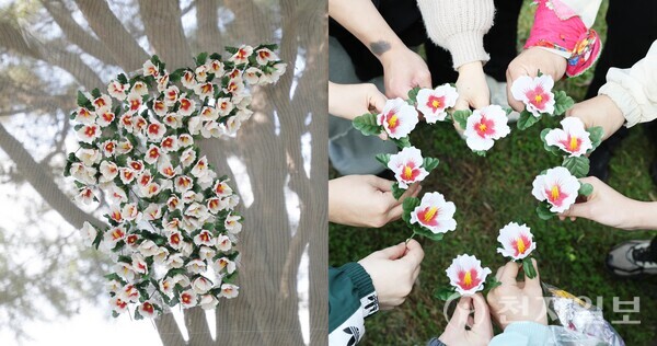 지난 25일 생명을 지키는 DMZ 한반도 평화걷기’ 행사가 열란 가운데 참가자들이 만든 한반도 모형 무궁화 평화지도와 하트. (제공: 청년자원봉사단 위아원) ⓒ천지일보 2025.10.26.