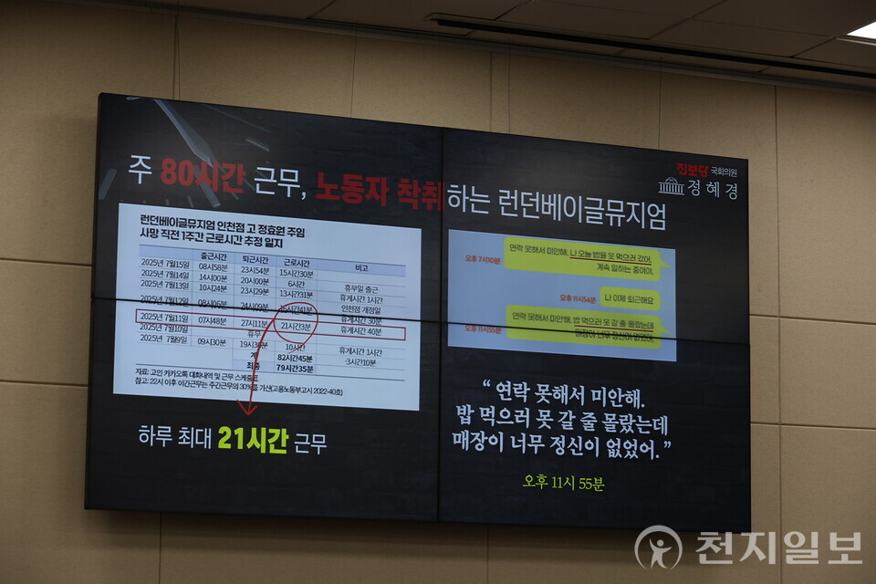 진보당 정혜경 의원이 30일 국회 고용노동부 국정감사에서 공개한 자료. 고인은 사망 전 주 최대 21시간 근무하며 과도한 노동에 시달렸고 마지막 밤 가족에게 “정신이 없었다”는 문자를 남겼다. (제공: 진보당 정혜경 의원실)