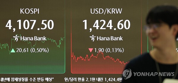 코스피가 사흘째 올라 사상 첫 4100대에서 장을 종료한 지난달 31일 서울 하나은행 본점 딜링룸에서 직원들이 업무를 보고 있다. (출처: 연합뉴스)