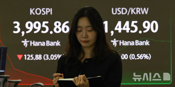 [서울=뉴시스] 코스피가 전 거래일(4121.74)보다 66.27포인트(1.61%) 내린 4055.47에 개장한 5일 서울 중구 하나은행 딜링룸에 4000 아래 떨어진 코스피 시세가 보이고 있다.