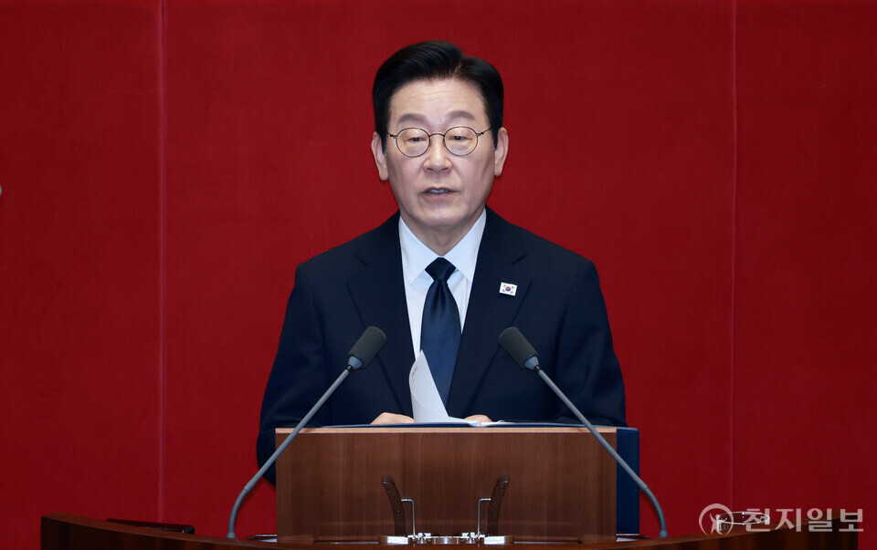[천지일보=박준성 기자] 이재명 대통령이 4일 오전 서울 여의도 국회 본회의장에서 2026년도 정부 예산안에 대한 시정연설을 하고 있다.ⓒ천지일보 2025.11.04.