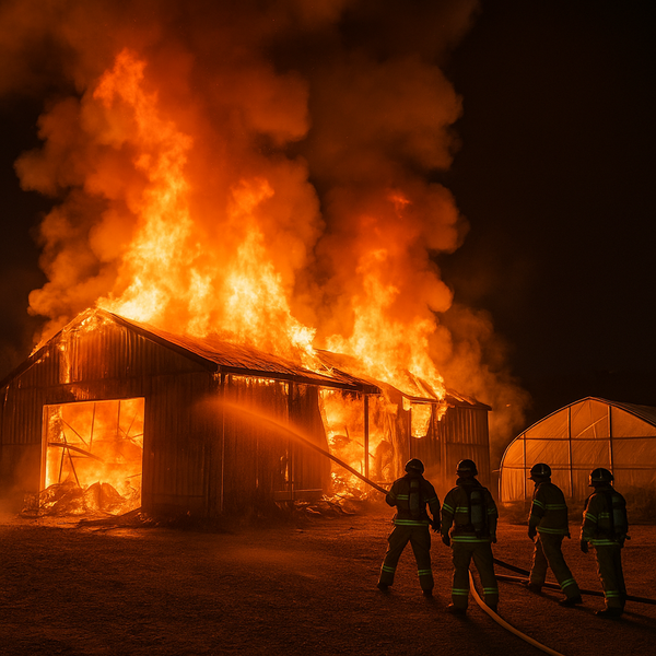 지난 9일 충북 괴산군의 한 냉동창고에서 불이 나 수억원대 재산피해가 발생했다. 사진은 냉동창고에서 불이 나는 장면. (출처: 챗gpt 생성)