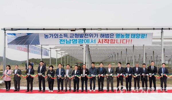 전남 영광군이 전국 최초로 전 군민에게 민생경제회복지원금을 지급하며 지역경제 회복의 새로운 모델을 제시했다. 장세일 군수는 재생에너지 기반 소득을 통해 “일자리와 성장을 이끄는 자립도시 영광을 실현하겠다”고 포부를 밝혔다. 사진은 영농형 태양광 발전 준공식(염산면 야월리 월평마을)에 참석한 장세일 영광군수. (제공: 영광군청) ⓒ천지일보 2025.11.14.