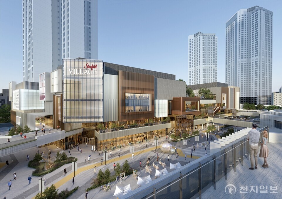 스타필드 빌리지 운정 외부 전경 조감도. 스타필드 빌리지 운정 외부 전경 조감도. 스트리트형 쇼핑존과 복합 문화시설이 결합된 구조로 지역 랜드마크로 조성될 전망이다. (제공: 신세계프라퍼티) ⓒ천지일보 2025.11.14.
